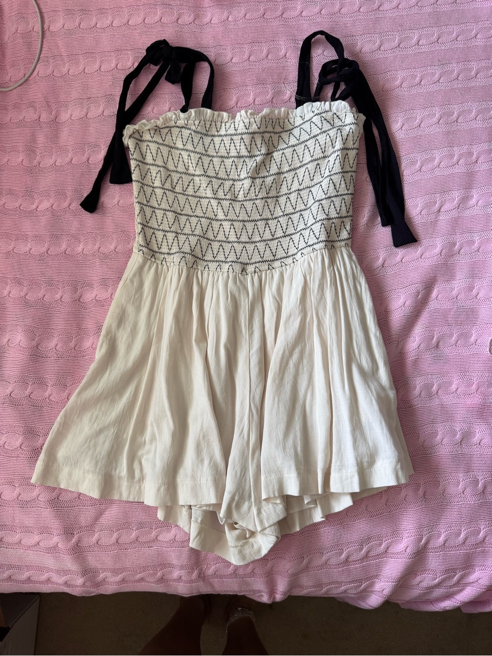 Trixxi White & Black Smocked Romper with Tie Straps